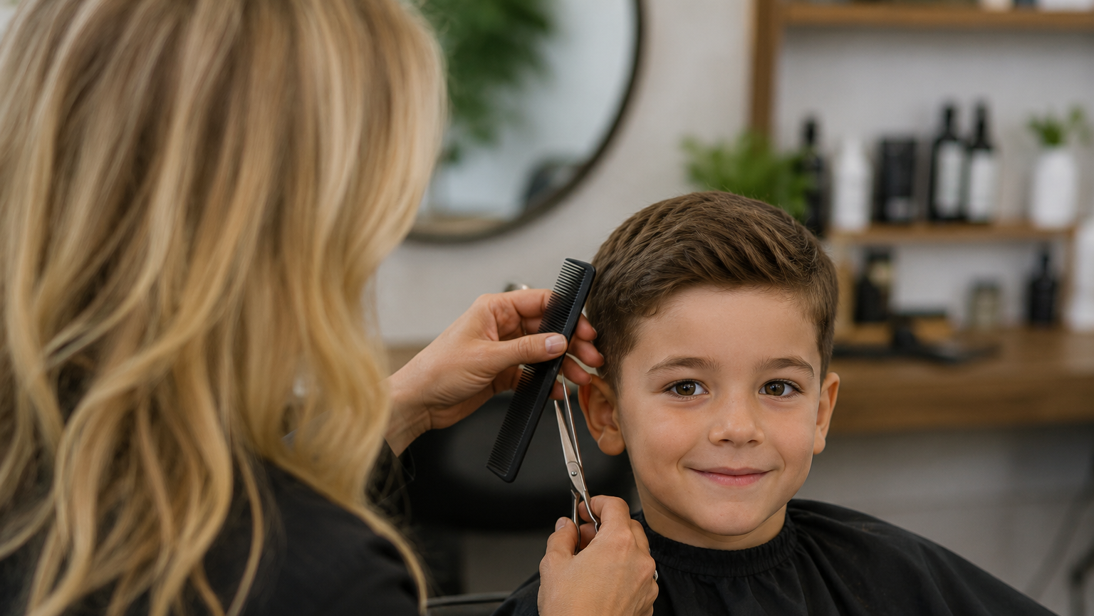 Child in salon chair with hair stylist